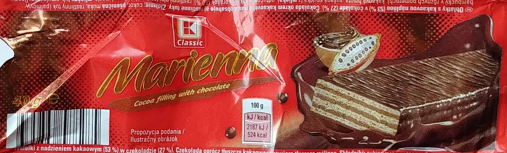 Wafelek z nadzieniem kakaowym (53%) z czekoladzie (27%).