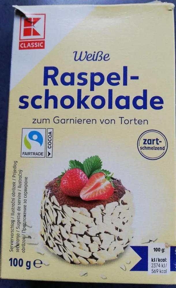 Raspelschokolade, weiße. Zum Garnieren von Torten