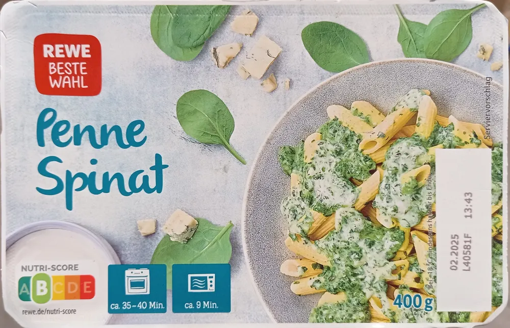 Rewe Beste Wahl Penne Spinat 4337256201179  Penne-Nudeln mit Blattspinat und Edelpilzkäse (Blauschimmelkäse)
