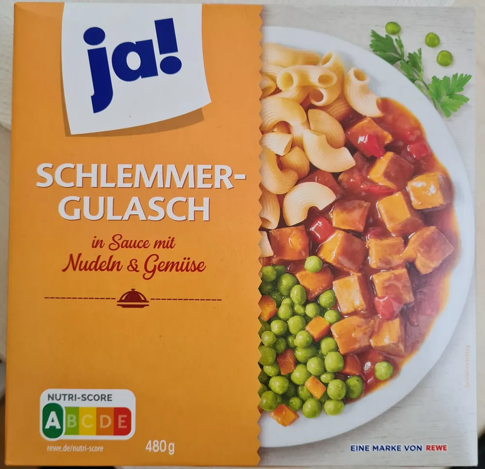 ja! Schlemmer-Gulasch in Sauce mit Nudeln und Gemüse