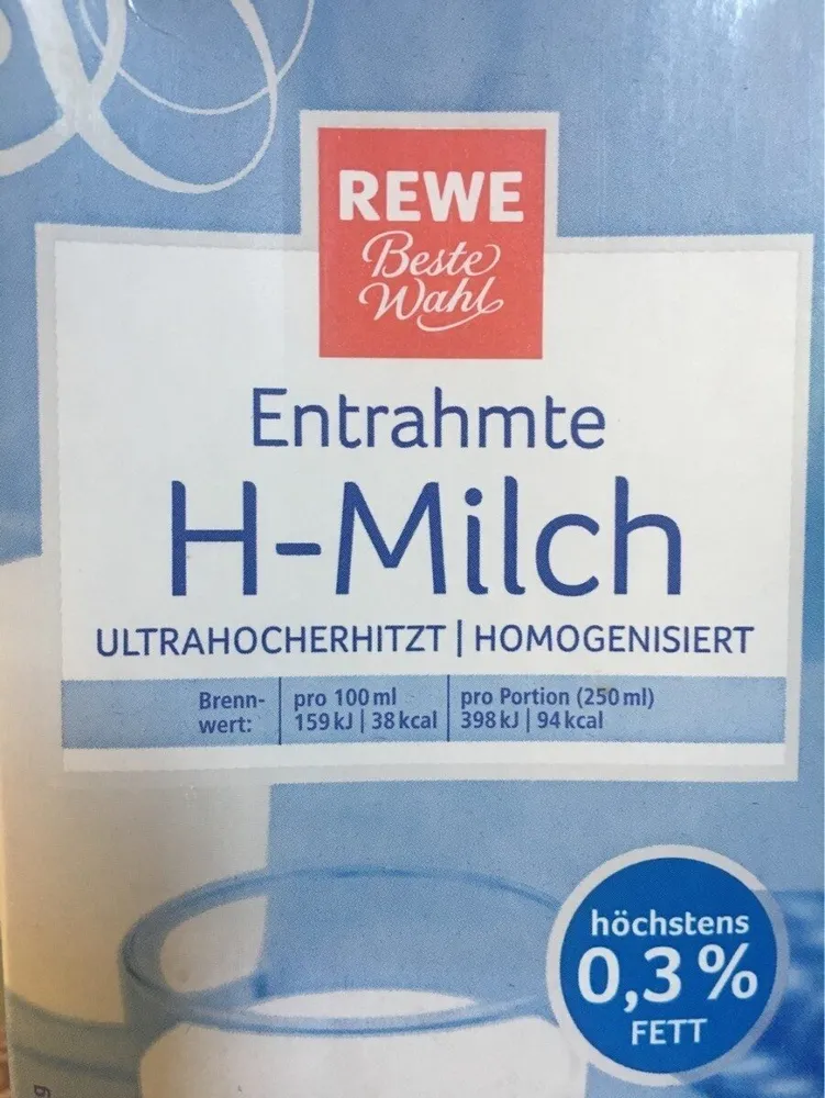 H-entrahmte Milch Höchstens 0,3% Fett