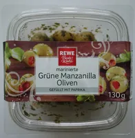 Grüne Manzanilla Oliven, gefüllt mit Paprika