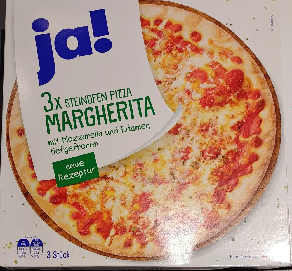 3 Pizzen mit Tomatensauce, Mozzarella und Edamer, tiefgefroren.