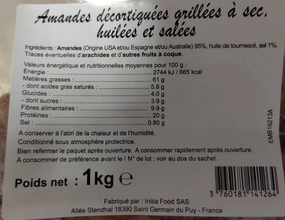 Amandes décortiquées grillées
