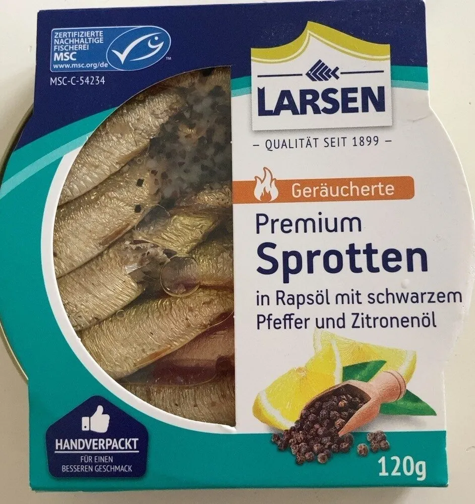 Geräucherte Premium Sprotten in Rapsöl mit schwarzem Pfeffer und Zitronenöl