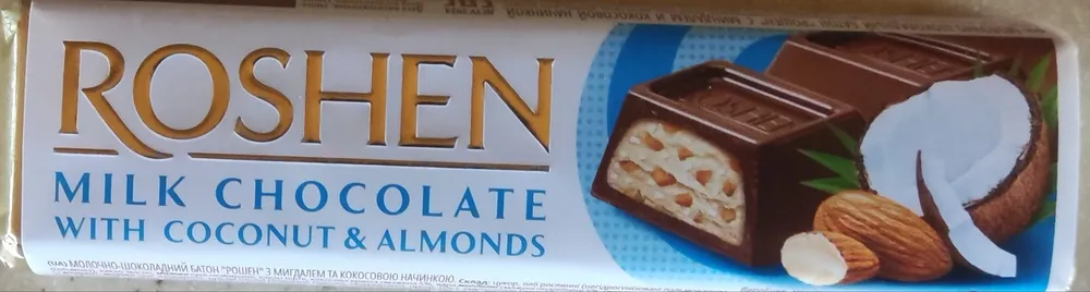 Молочно-шоколадний батон "Milk Chocolate with Coconut & Almonds" з мигдалем та кокосовою начинкою