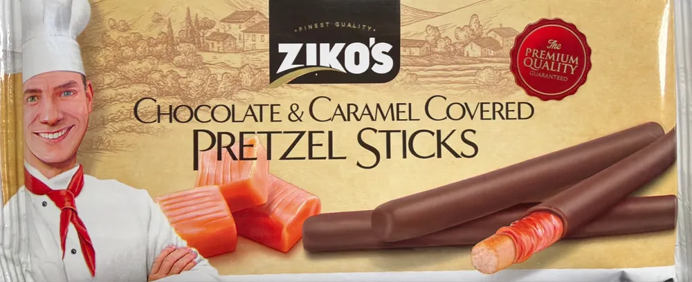 CHOCOLATE & CARAMEL COVERED PRETZEL STICKS