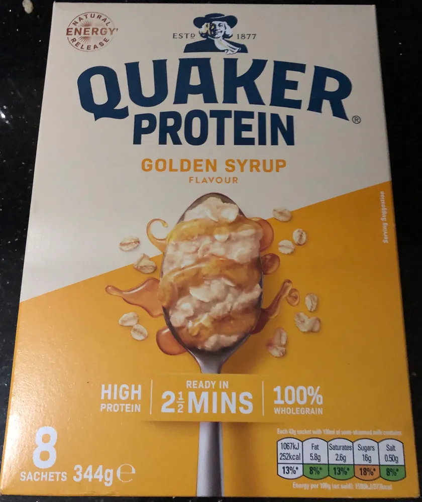 Golden Syrup flavour microwavable oats with added soy protein