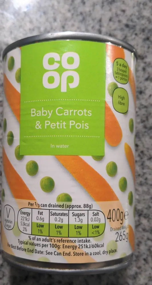 Baby carrots and petit pois