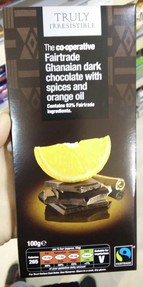 Fairtrade Ghanaian dark chocolate with spices and orange oil