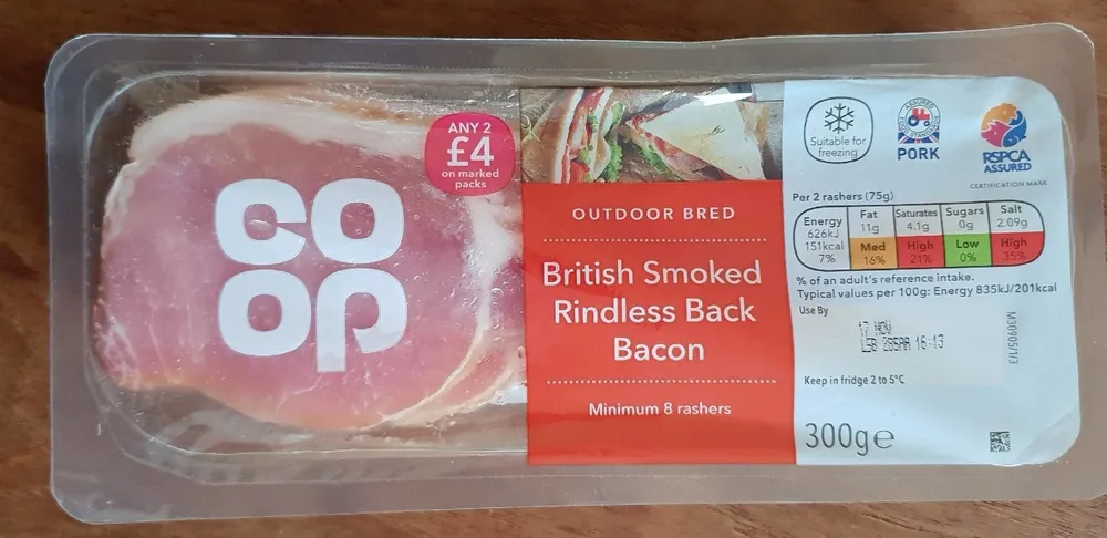 British smoked rindless back bacon