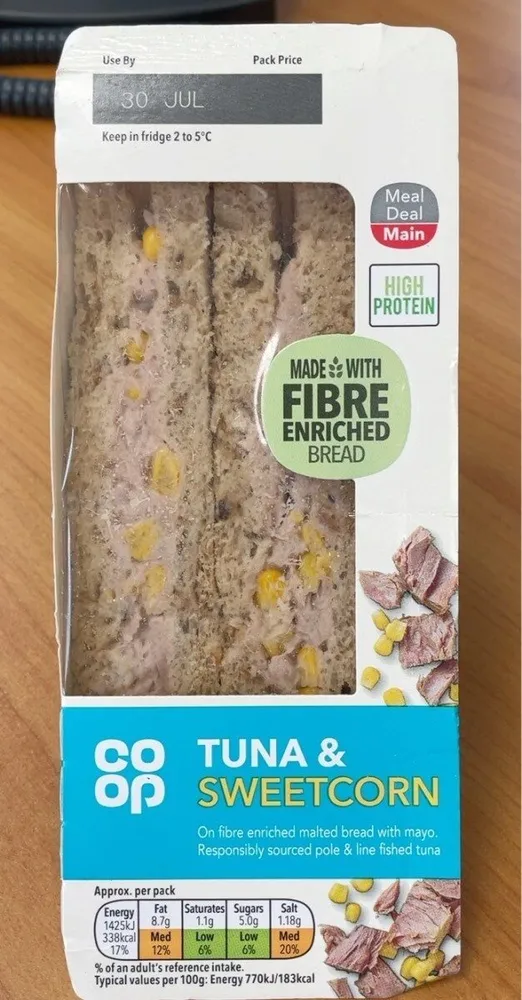 Tuna & Sweetcorn with Mayonnaise on Malted Bread