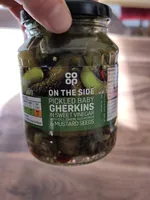 Pickled Baby Gherkins in Sweet Vinegar with Dill, Onion, Red Pepper & Mustard Seeds