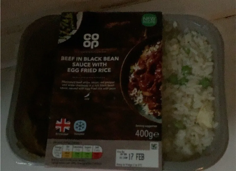 Beef in black bean sauce with egg fried rice