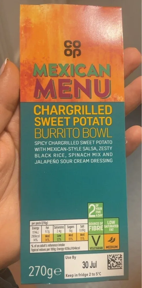 Mexican menu, chargrilled sweet potato burrito bowl