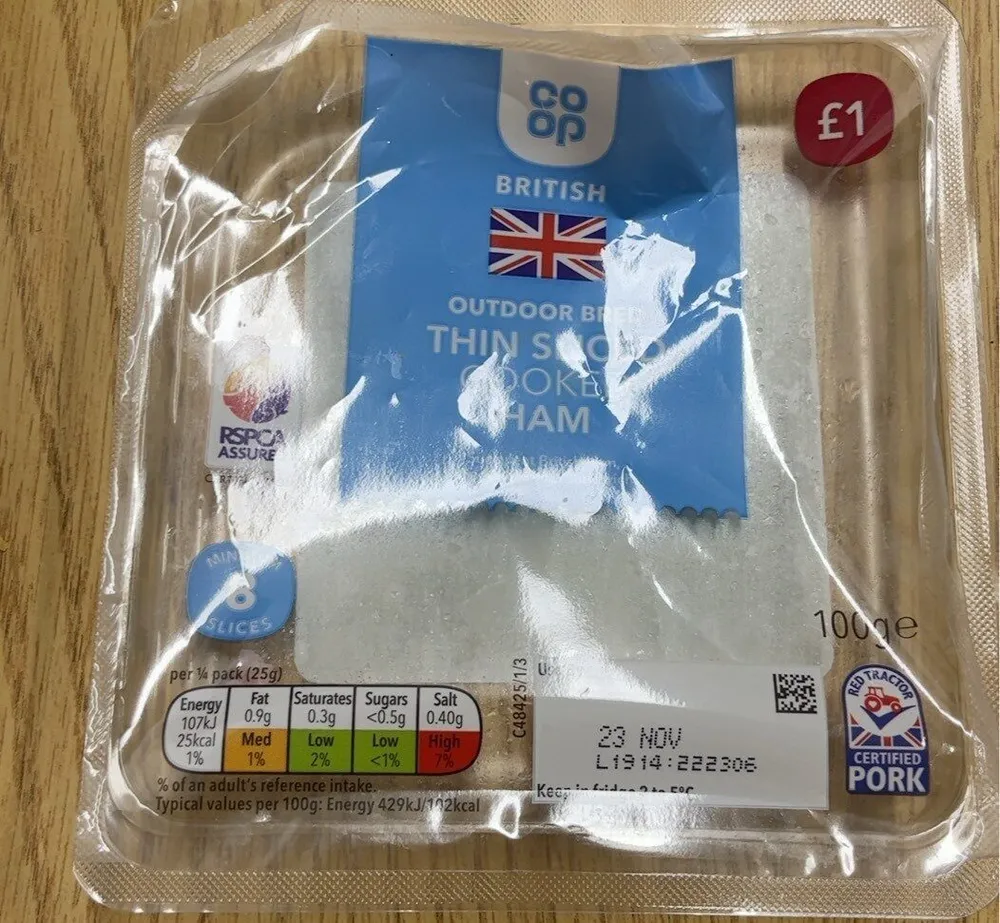 British outdoor bred thin sliced cooked ham