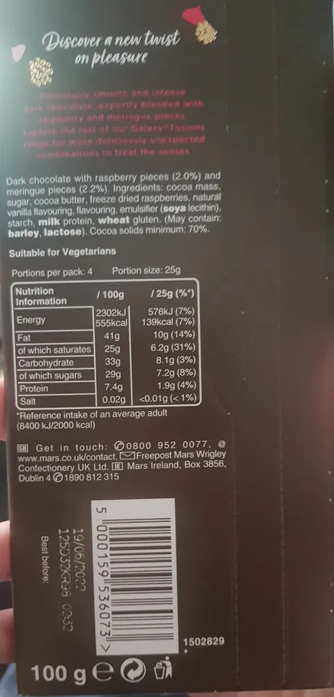 Galaxy fusions dark chocolate with raspberry meringue
