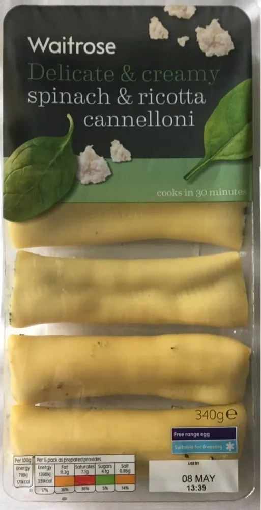 Waitrose Fresh Pasta Cannelloni Spinach & Ricotta