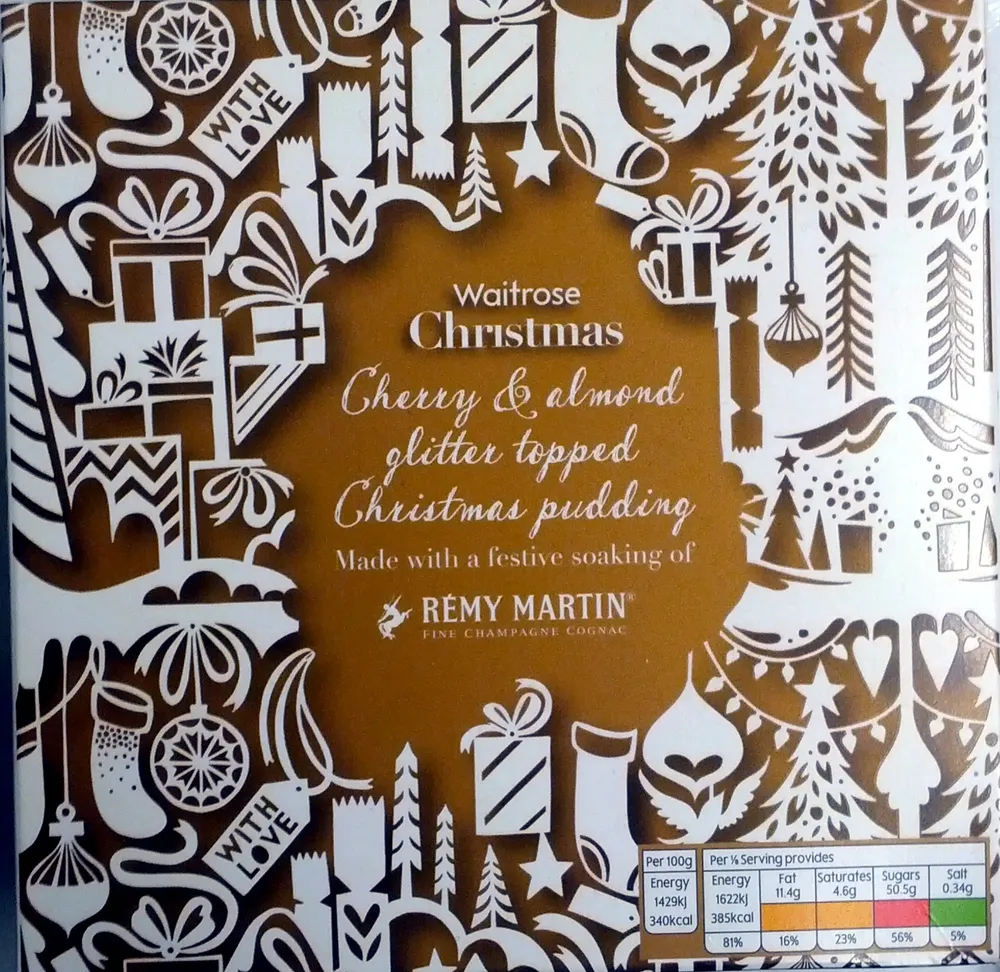 Cherry & almond glitter topped Christmas pudding made with a festive soaking of Rémy Martin champagne