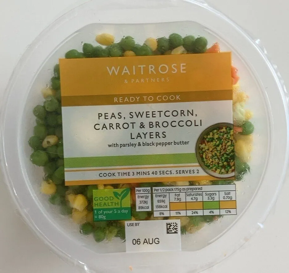 Peas, sweetcorn, carrot, & broccoli layers