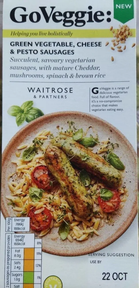Green vegetable cheese and pesto sausages