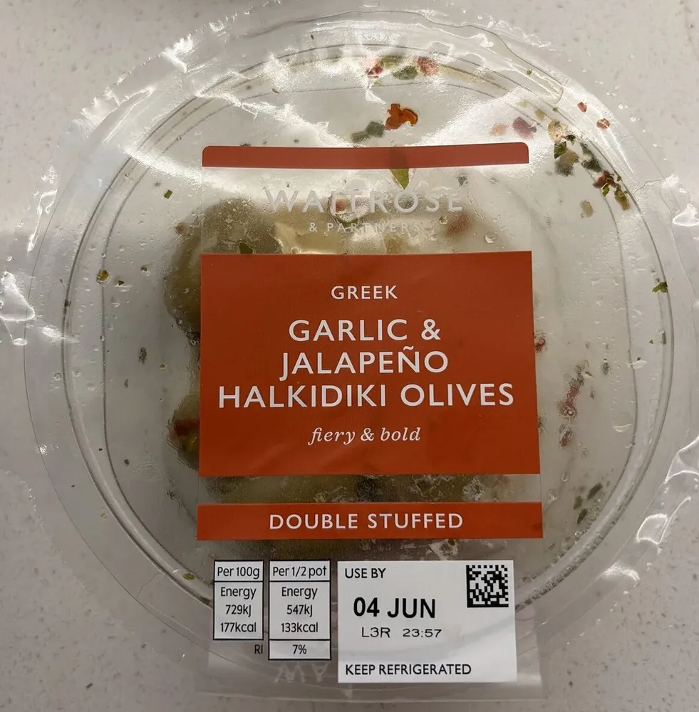GREEK HALKIDIKI GARLIC & JALAPEÑO DOUBLE STUFFED OLIVES