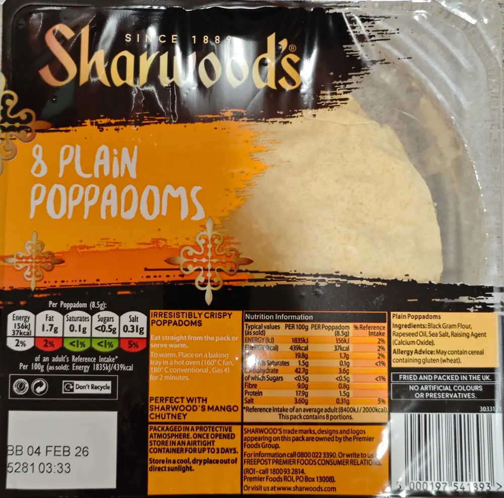Sharwood's Poppadoms, Plain