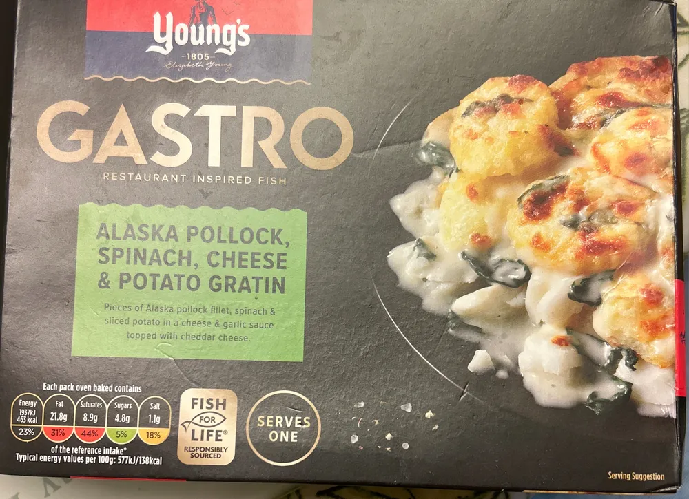 Alaska Pollock, Spinach, Cheese & Potato Gratin