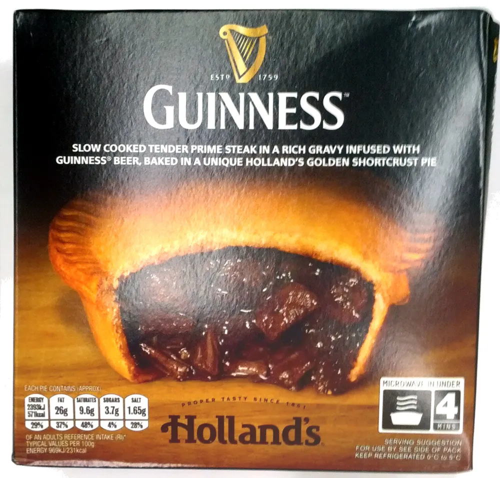 Slow cooked tender prime steak in a rich gravy infused with Guinness beer, baked in a unique Holland's golden shortcrust pie