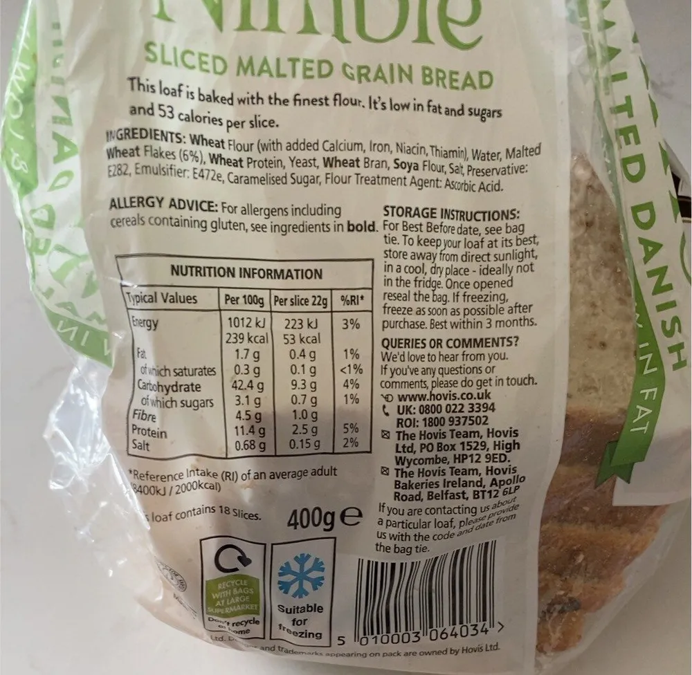 Sliced malted grain bread