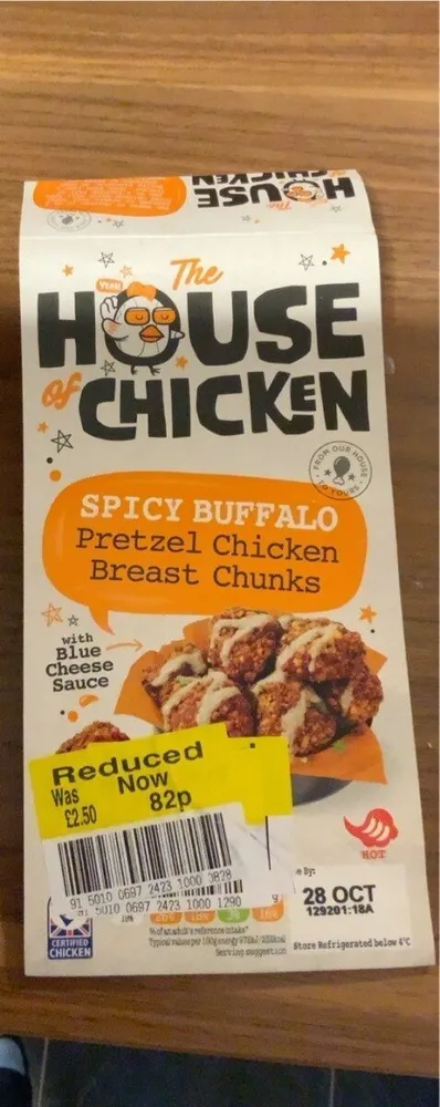 Spicy buffalo pretzel chicken breast chunks