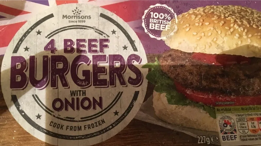 Morisons 4 beef burgers with onion