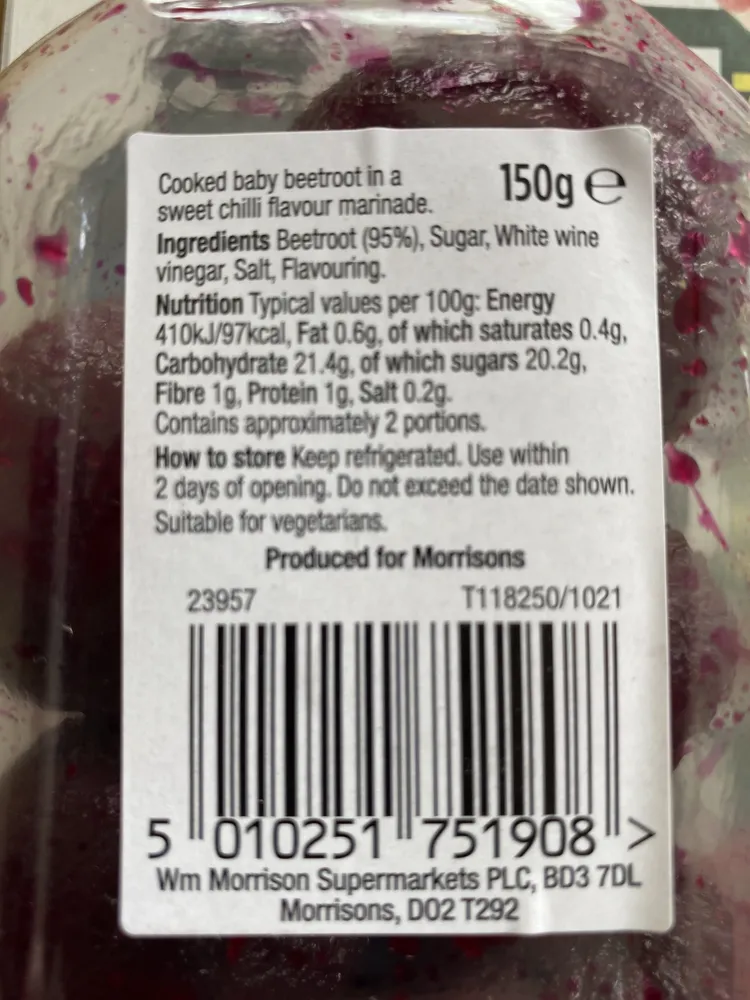 Cooked baby beetroot in a sweet chilli flavour marinade