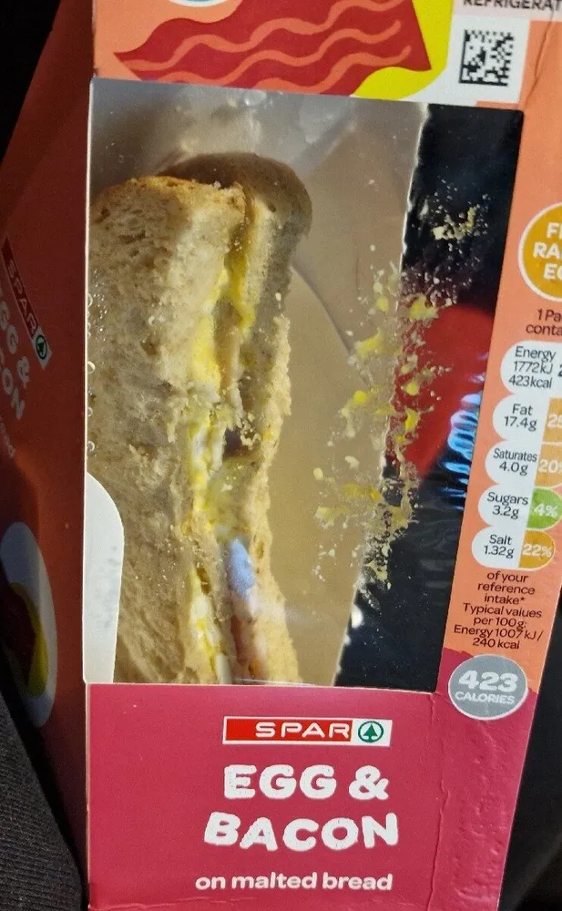 Egg & Bacon sandwich on malted bread