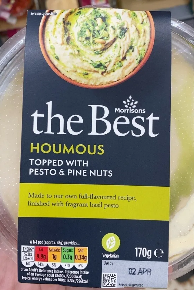 The best houmous topped with pesto & pine nuts