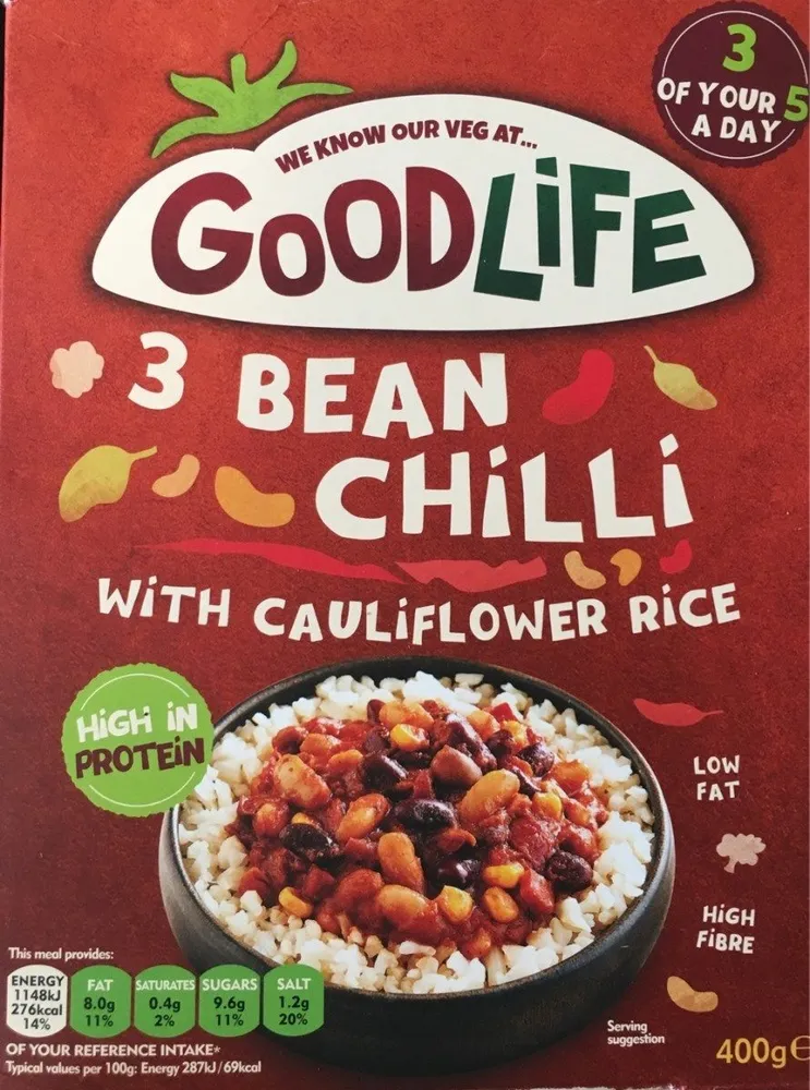 3 Bean Chili with cauliflower rice