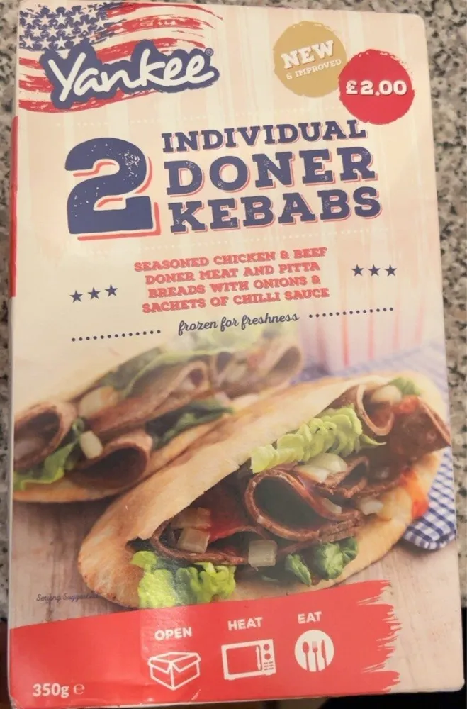 2 individual doner Kebabs seasoned chicken and beef