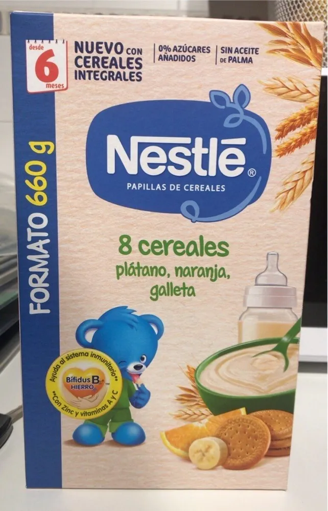 8 cereales plátano, naranja, galleta