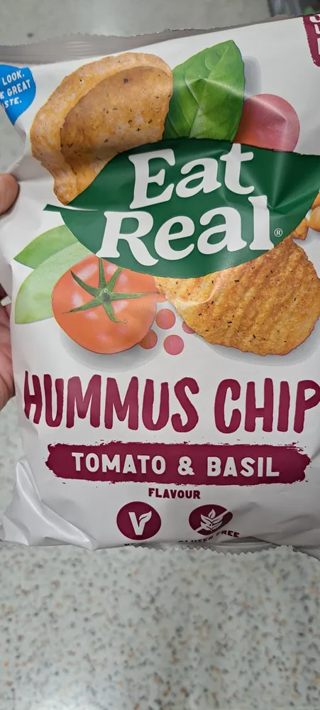 Hummus chips tomato and basil