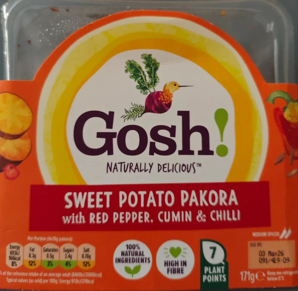 sweet potato pakora with red pepper, cumin and chilli