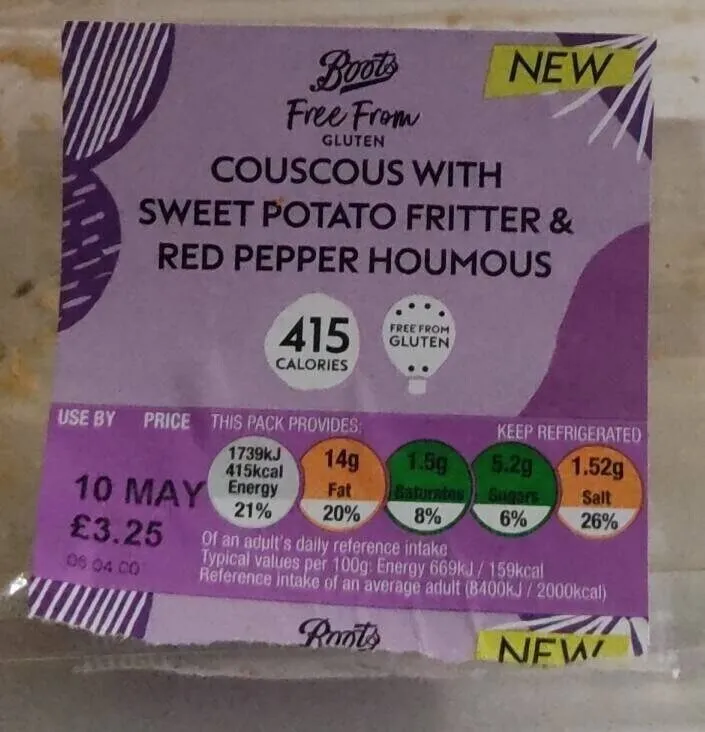 Free from Couscous with Sweet Potato Fritter Red Pepper Houmous