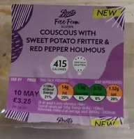 Free from Couscous with Sweet Potato Fritter Red Pepper Houmous