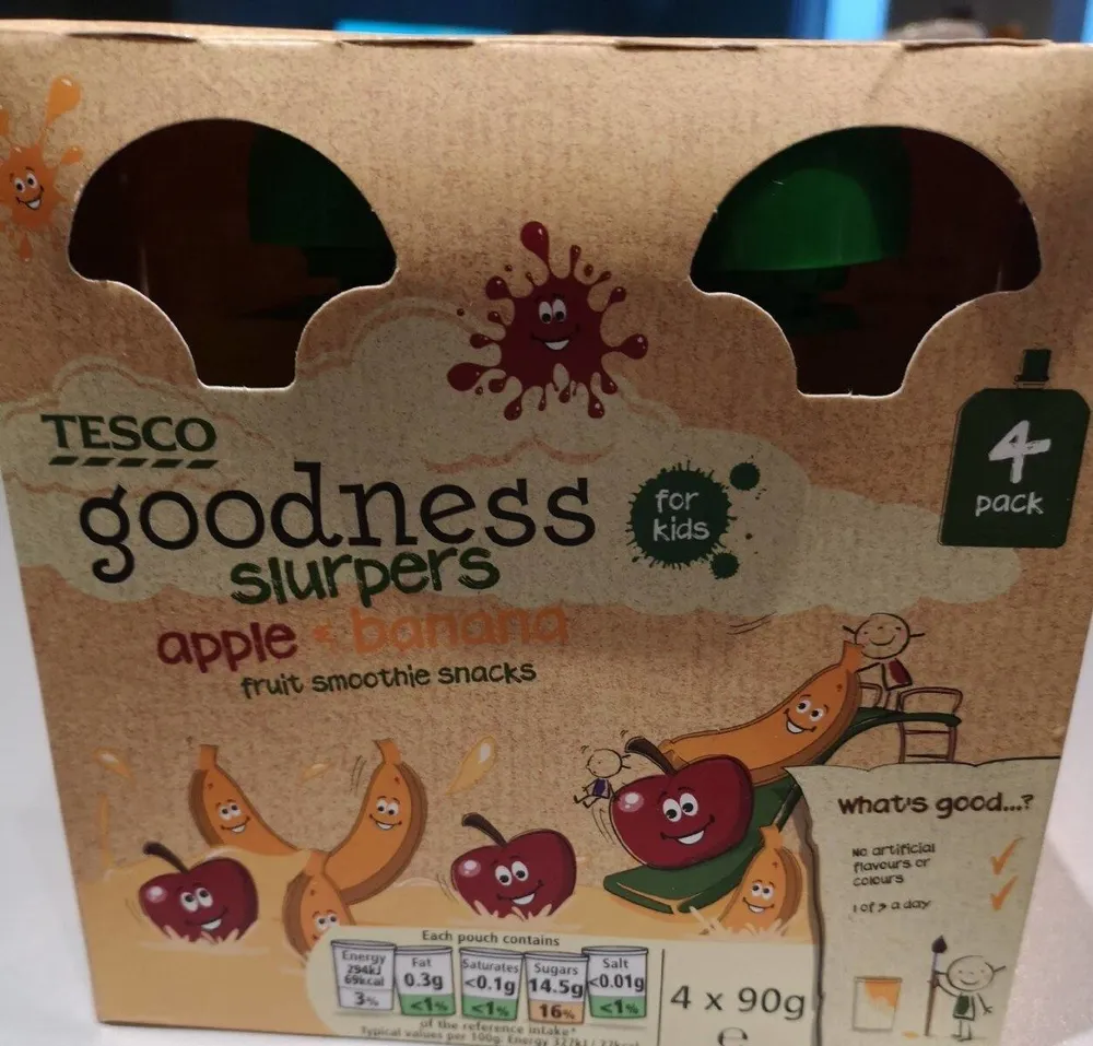 Tesco Goodness Apple And Banana Fruit Slurpers 4X90g