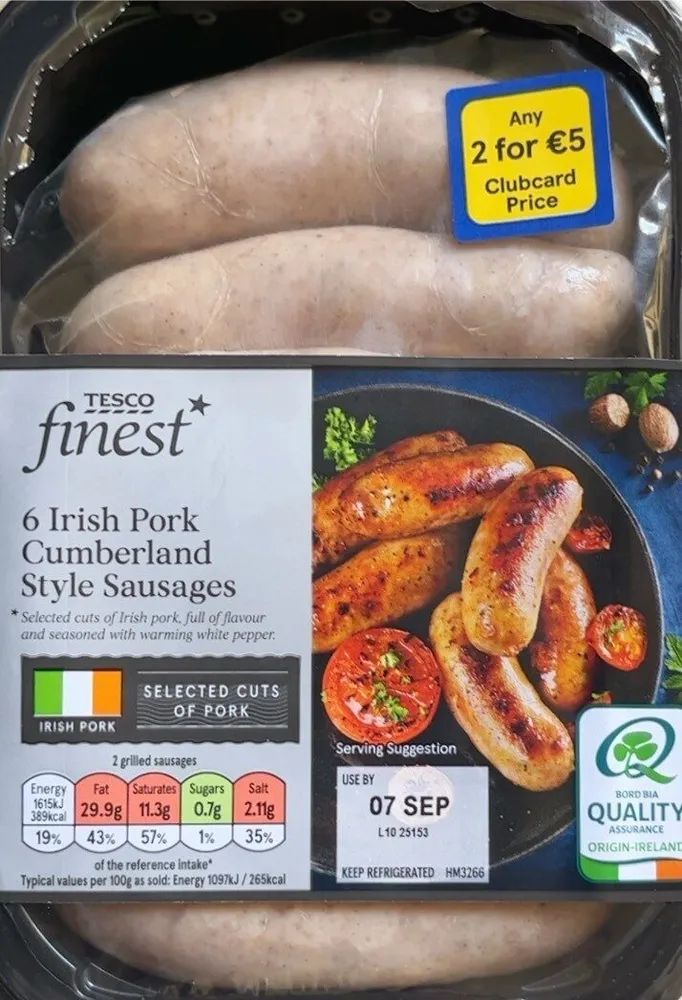 6 Irish pork cucumberland style sausage