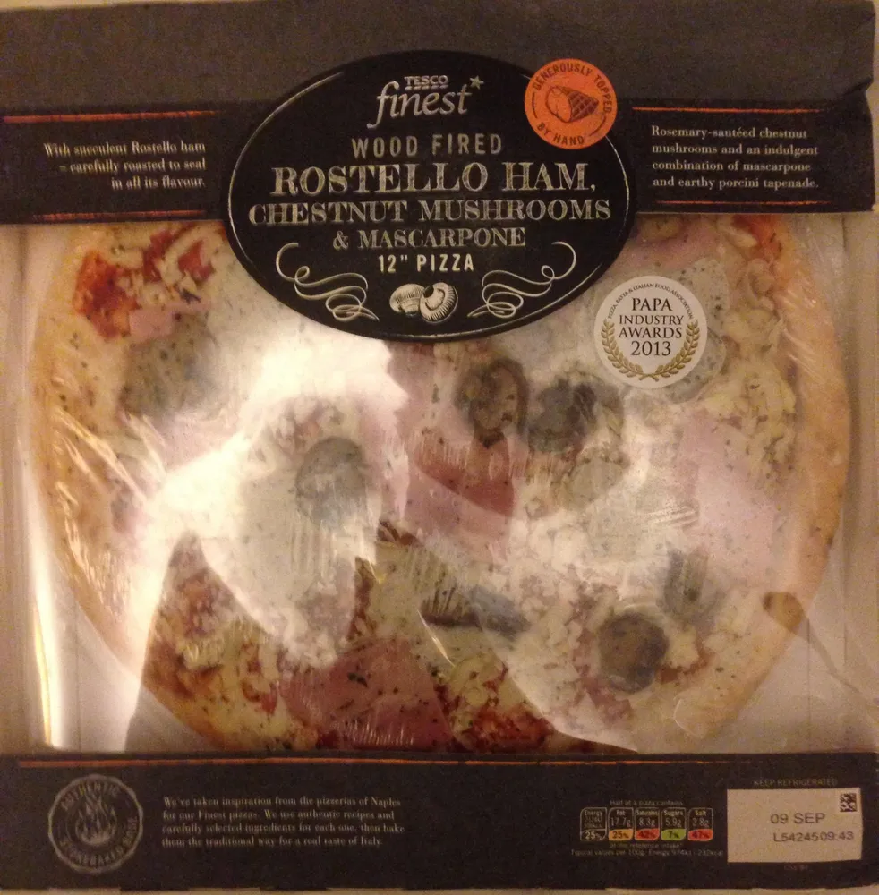 Wood fired rostello ham, chestnut mushrooms & mascarpone 12'' pizza
