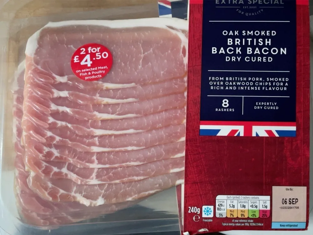Oak smoked British back bacon dry cured