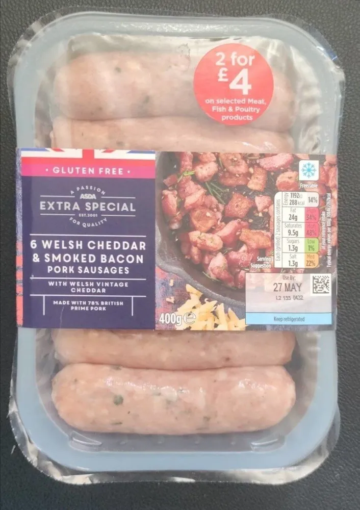 6 Welsh Cheddar and Smoked Bacon Pork Sausages