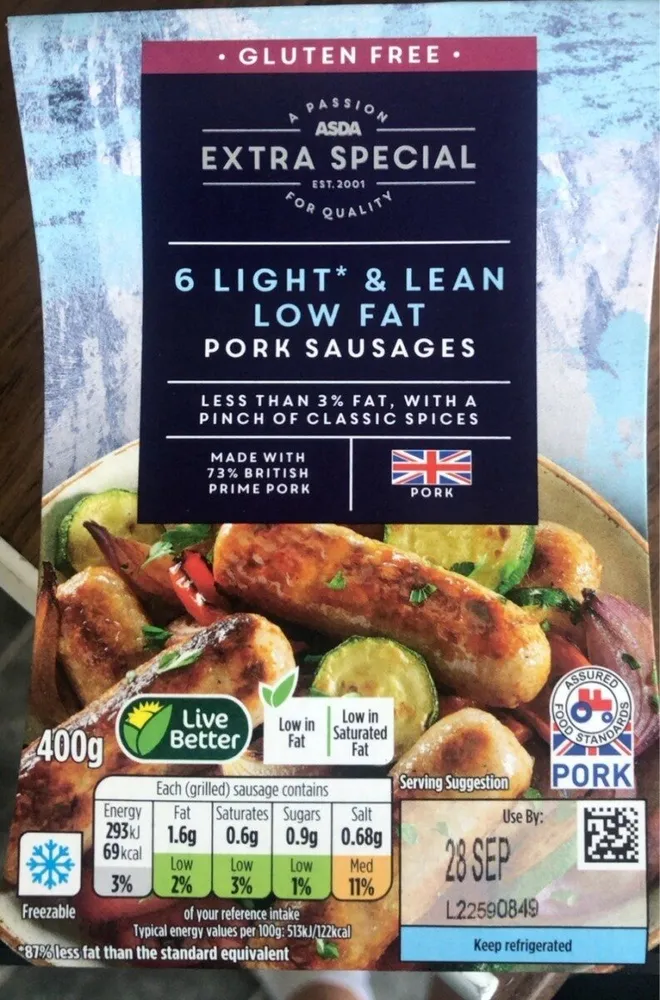 6 light & lean low fat pork sausages