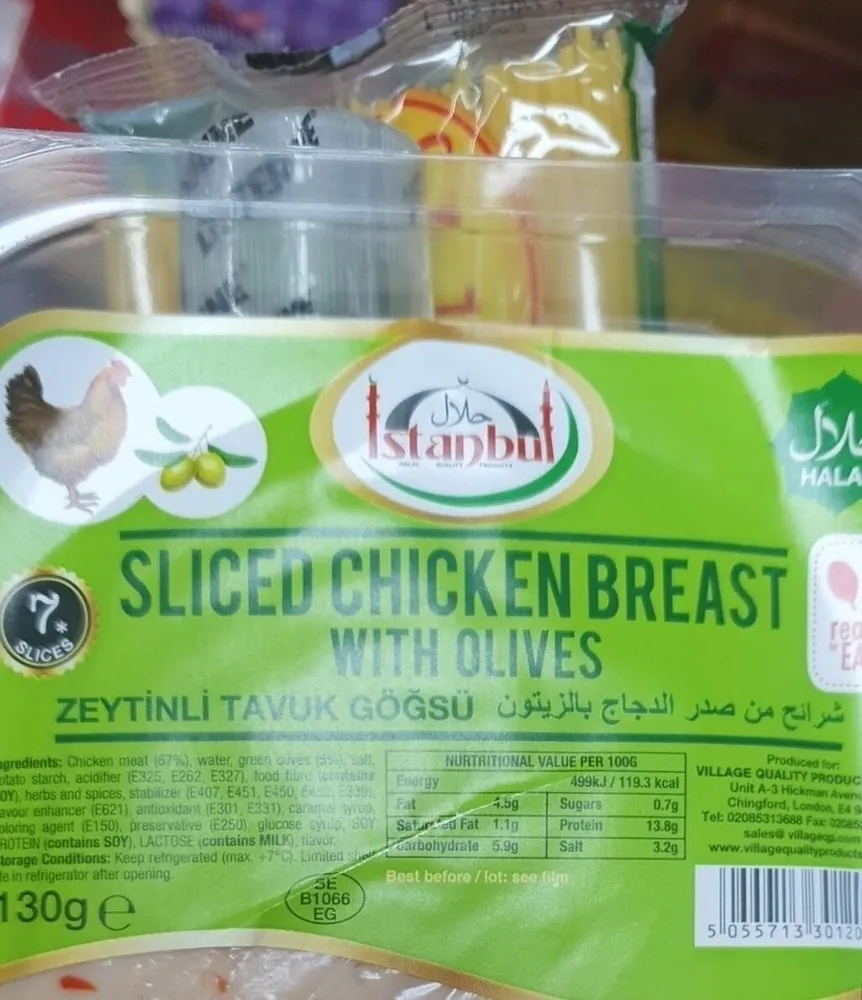 Sliced chicken breast with olives
