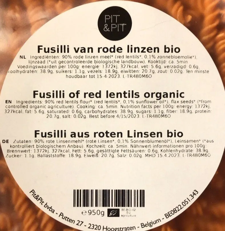 Fusilli van rode linzen bio
